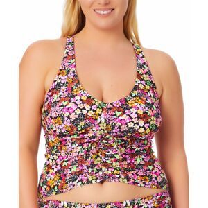 California Waves Trendy Plus Size Ditsy-Print Drawstring Tankini Top
